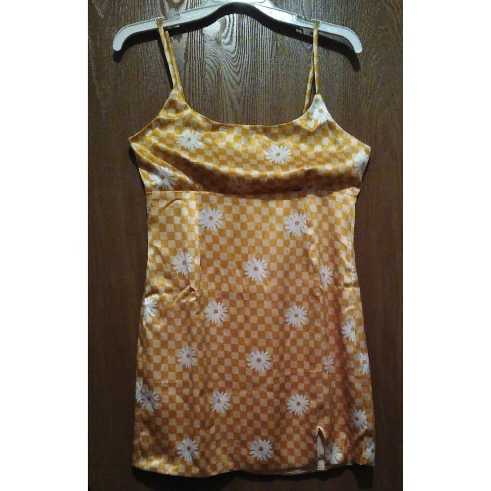 Wild Fable Summer Floral Checker Gold Spaghetti Strap Slip Dress Size M New